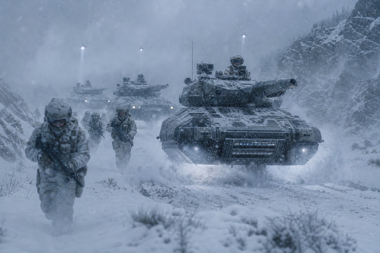Char futuriste à sustentation avançant dans la poudrerie d'une route arctique, suivi de soldats en tenue blanche