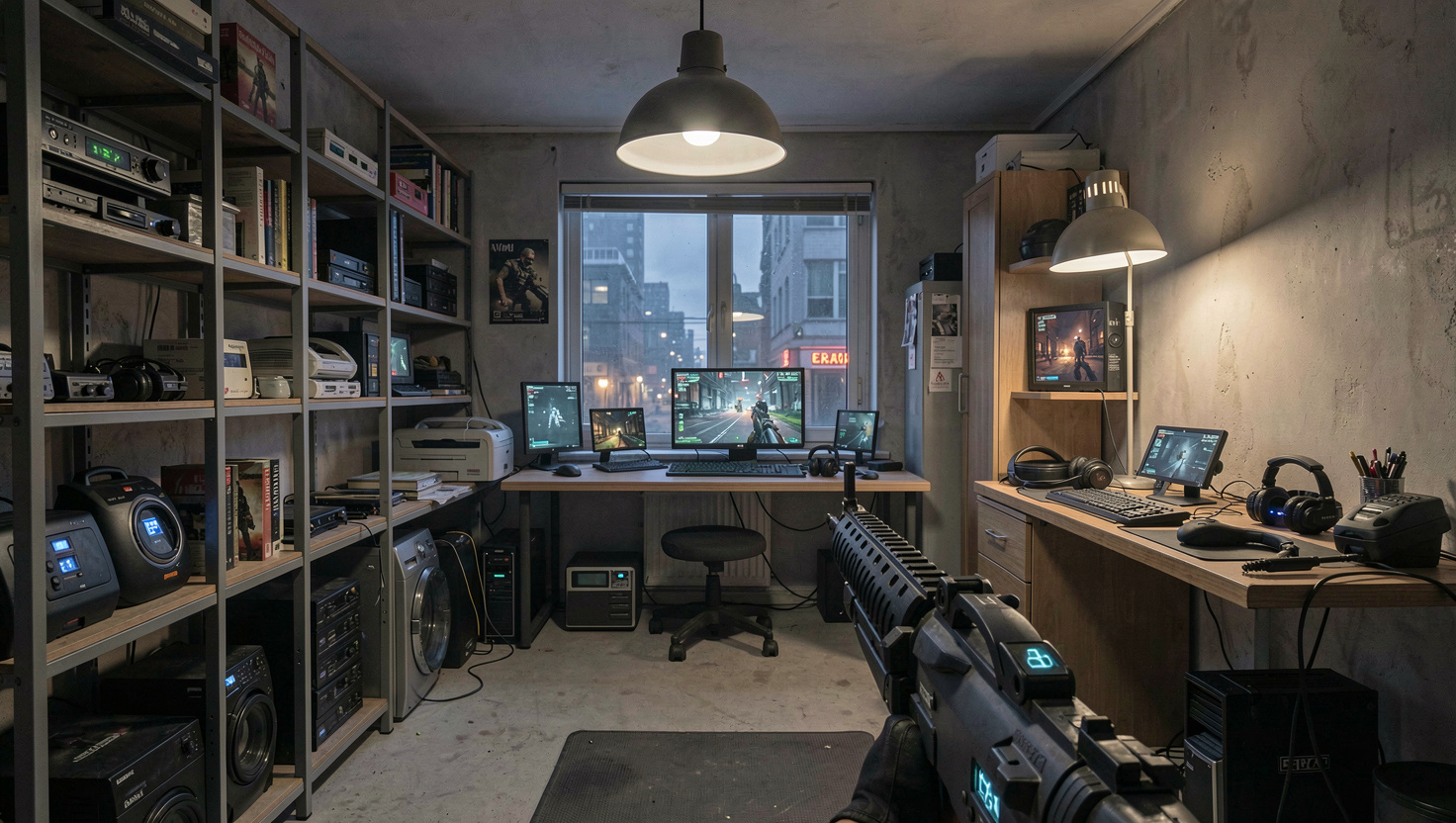 Un bureau en fin de soirée, écran allumé sur une partie de Battlefield 2142, casque posé à côté du clavier