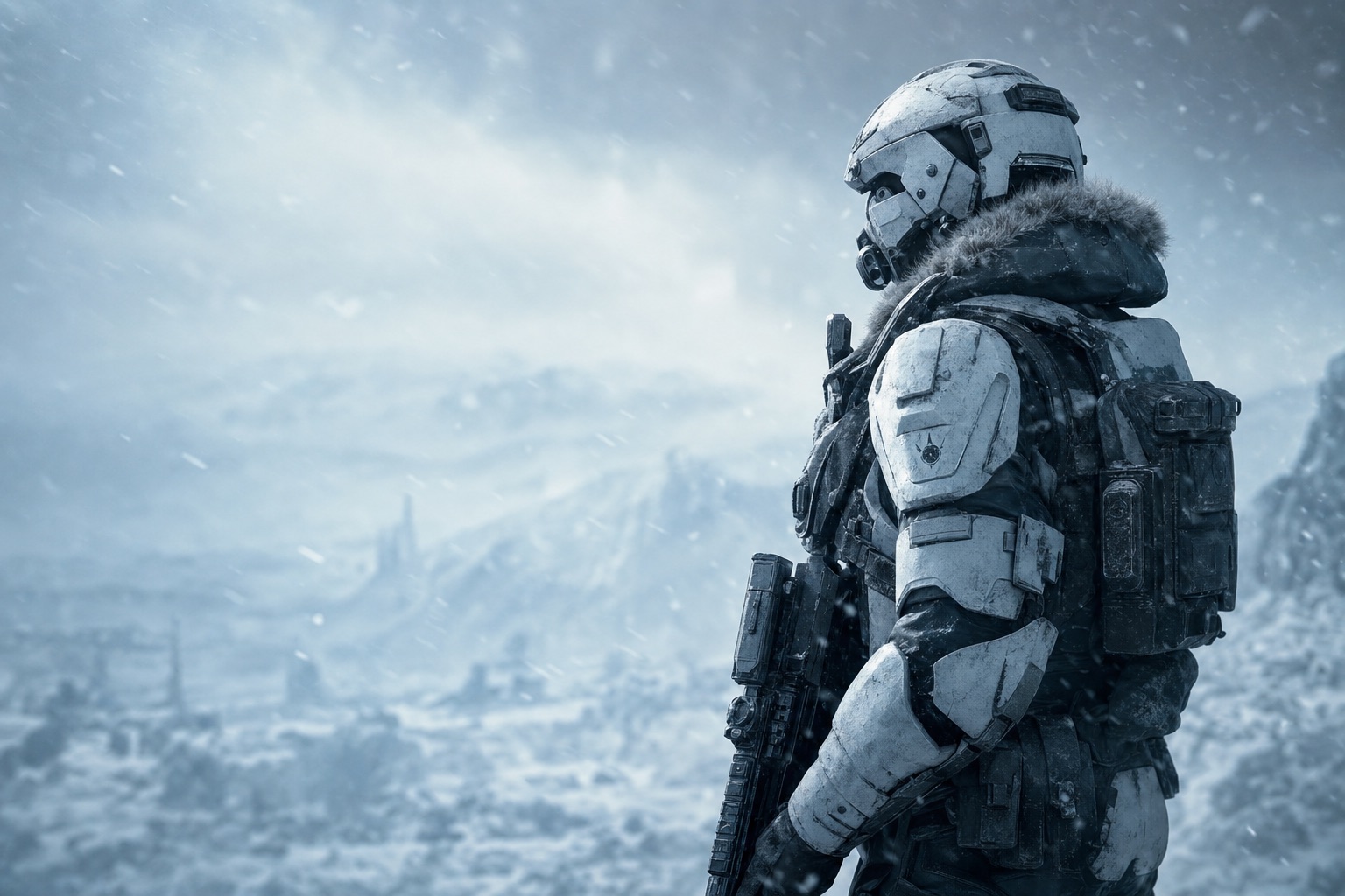 Silhouette de soldat en armure blanche et acier avançant dans une tempête de neige, éclairé par un halo bleu glacé