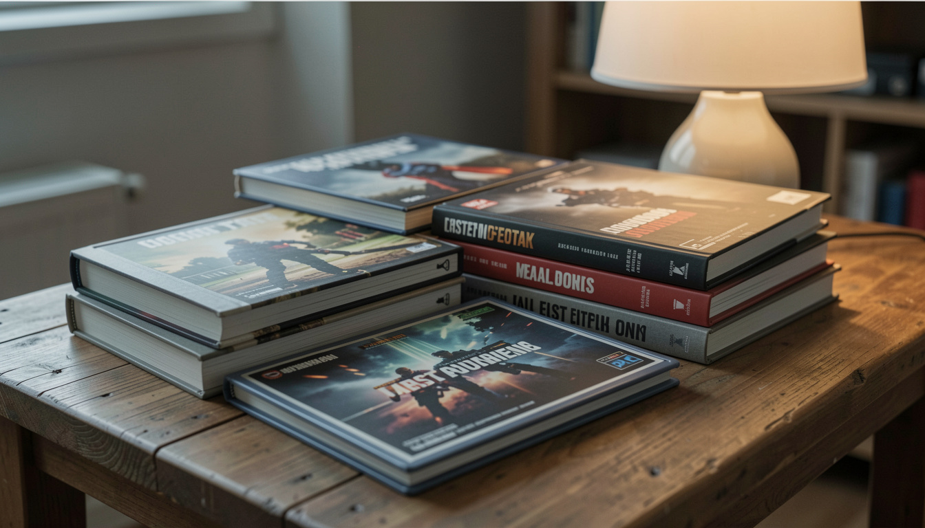 Un livret de manuel de jeu vidéo ouvert sur un bureau en bois, à côté d'un boîtier DVD noir et d'une souris filaire